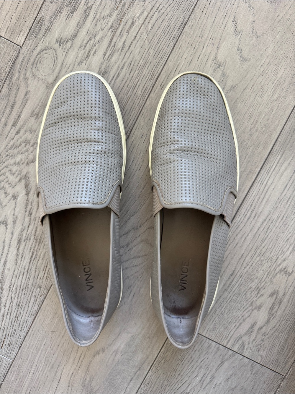 Vince Taupe Perforated Leather Slip-On Sneakers with White Sole